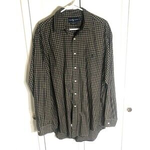 Vintage Ralph Lauren Men's L Classic Fit Navy Tan Plaid Button Down Shirt